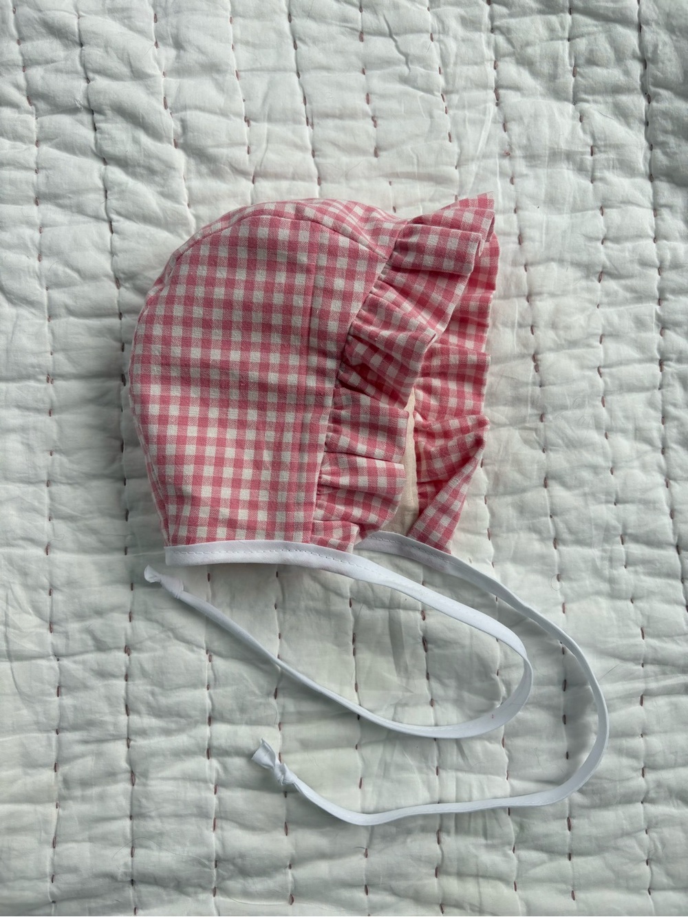 Pink Gingham Ruffle Bonnet Handmade